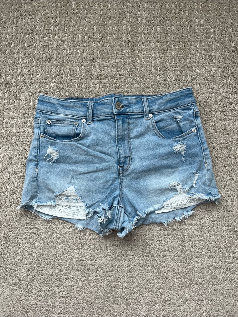 American Eagle Outfitters Light Blue Distressed Denim Shorts with Crochet Insets